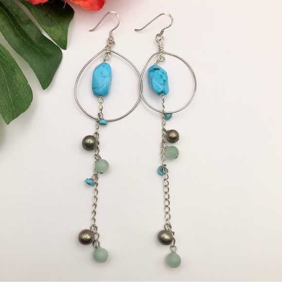 Sterling Silver Pearl Gemstone Beaded Long Dangle Chain Wire Cha Cha Earrings 5” - Picture 1 of 13